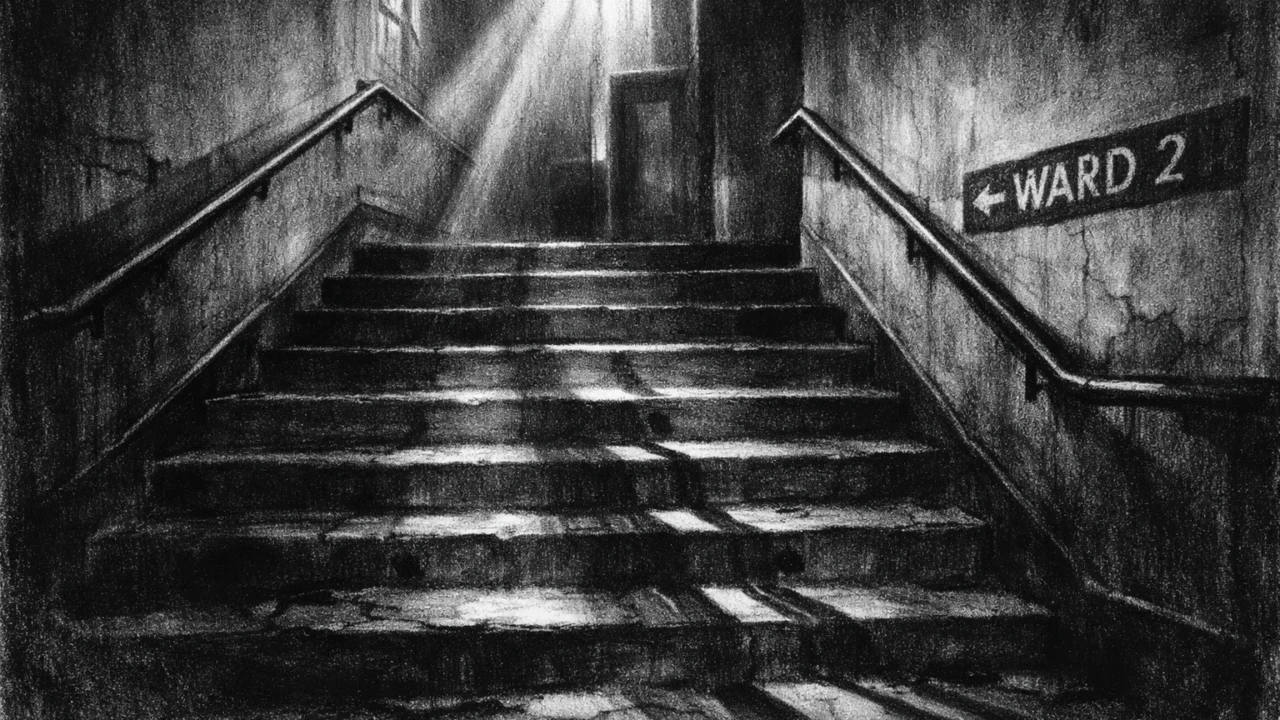 Prazno bolničko stubište u zoru, charcoal film noir stil, crno-bijela arhitektura s dugim sjenama, tiha i simbolična atmosfera.