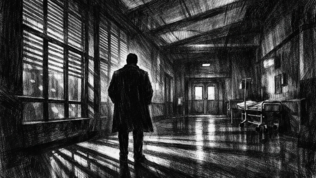 Plakatna scena u charcoal film noir stilu, crno-bijeli crtež s dubokim sjenama i dramatičnim svjetlom, usamljena figura u bolničkom hodniku, melankolična atmosfera.
