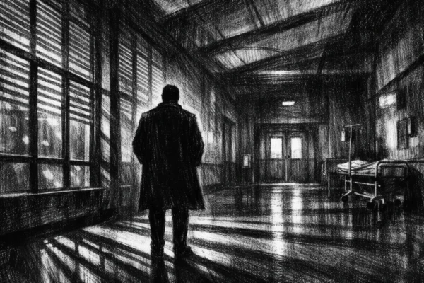 Plakatna scena u charcoal film noir stilu, crno-bijeli crtež s dubokim sjenama i dramatičnim svjetlom, usamljena figura u bolničkom hodniku, melankolična atmosfera.