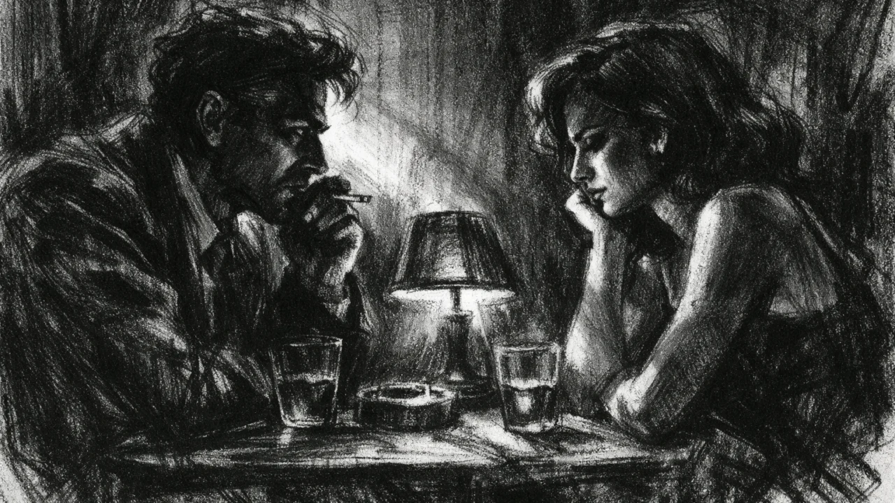 Emotivna scena u charcoal film noir stilu, dvije osobe u tihoj raspravi, snažno svjetlo i sjene naglašavaju unutarnji sukob i krhkost odnosa.