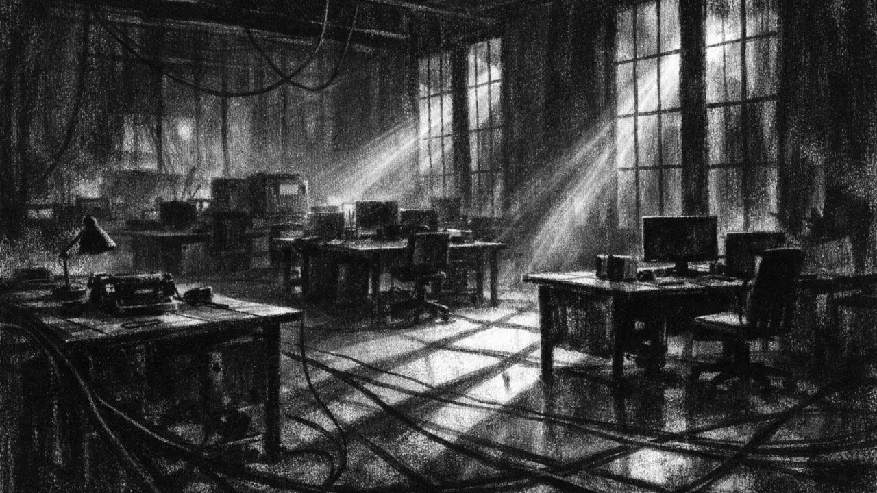 Simbolično okruženje u charcoal film noir stilu, mračni industrijski prostor s jakim kontrastima i sjenama koji odražavaju napetost i melankoliju stvaranja.