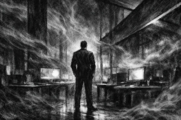 Plakat u charcoal film noir stilu, crno-bijela atmosfera s dubokim sjenama i snažnim kontrastom, usamljena figura u mračnoj prostoriji koja odiše ambicijom i napetošću.