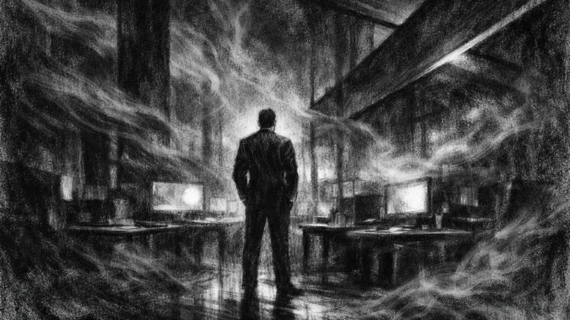 Plakat u charcoal film noir stilu, crno-bijela atmosfera s dubokim sjenama i snažnim kontrastom, usamljena figura u mračnoj prostoriji koja odiše ambicijom i napetošću.