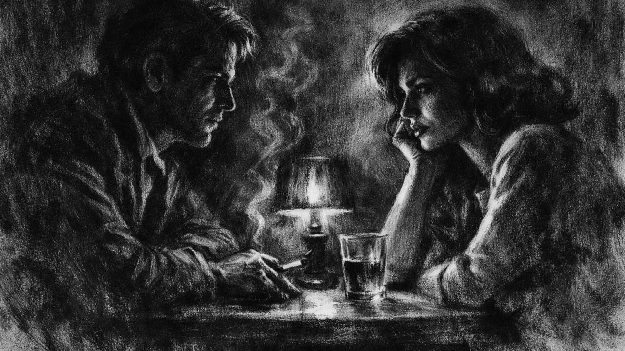 Dvoje ljudi u tihom razgovoru, napetost i emocije naglašene svjetlom i sjenom u charcoal film noir stilu.