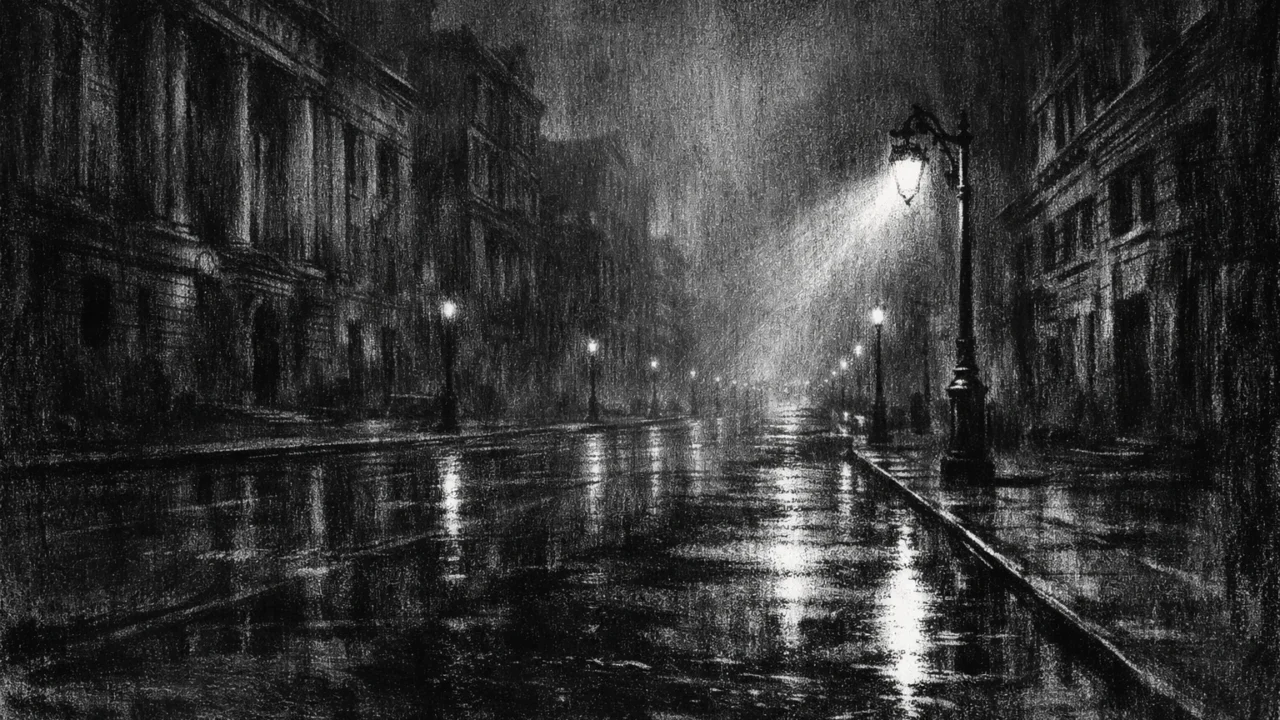 Prazna noćna ulica s kišom i maglom, snažan ugođaj izolacije u charcoal film noir stilu.