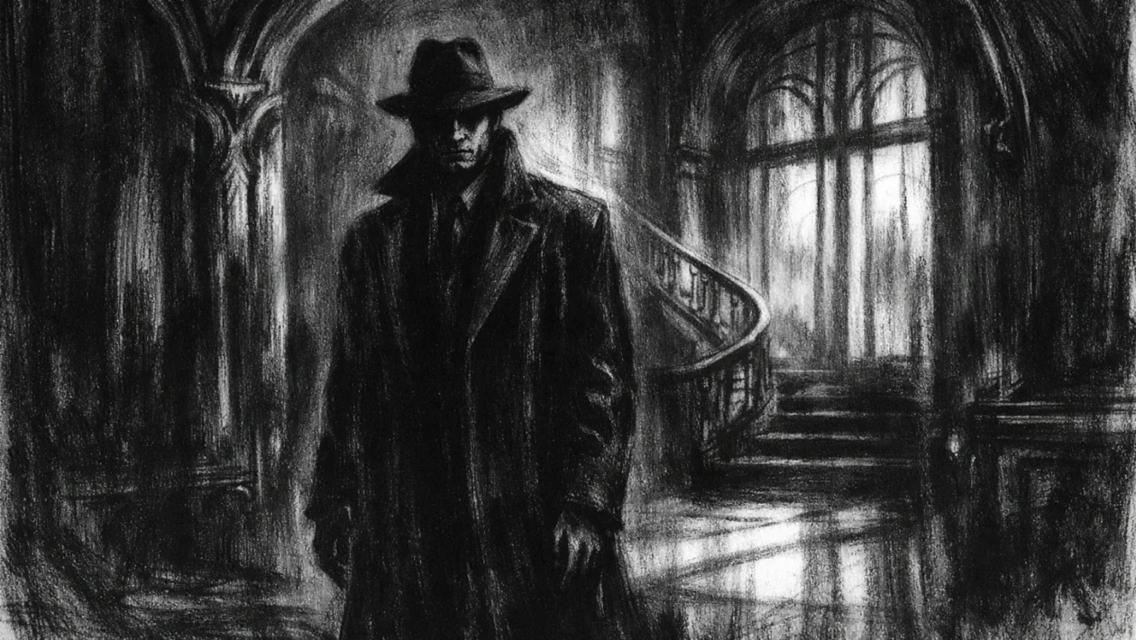 Filmski poster s usamljenom figurom u tamnom interijeru, snažne sjene i elegancija u charcoal film noir stilu.