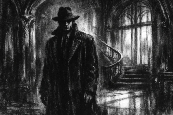 Filmski poster s usamljenom figurom u tamnom interijeru, snažne sjene i elegancija u charcoal film noir stilu.