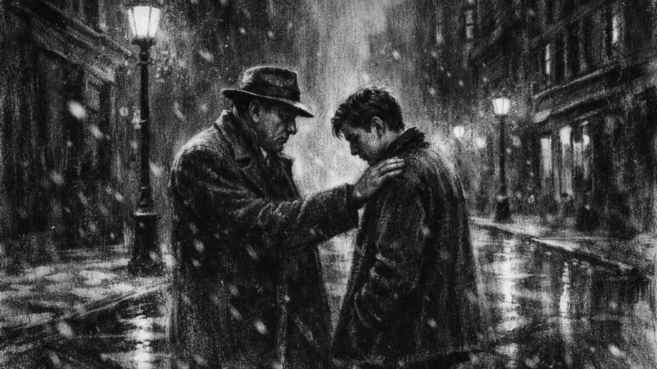 Dvije osobe u tihom razgovoru na zimskoj ulici, prikazano u charcoal film noir stilu, crno-bijelo s izraženim kontrastom i emocionalnom napetošću.