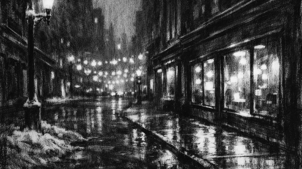 Noćna gradska ulica zimi s blagdanskim svjetlima, u charcoal film noir stilu, crno-bijela scena s dubokim sjenama i tihom atmosferom.