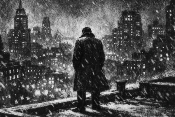 Filmski poster s usamljenom figurom na krovu grada zimi, nacrtano u charcoal film noir stilu, crno-bijelo, duboke sjene i melankolična atmosfera.