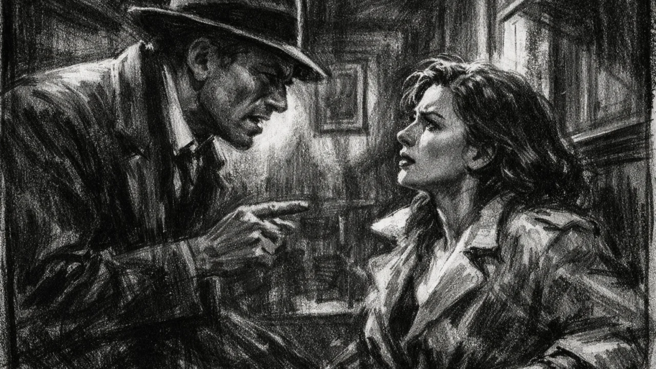 Dramska scena u charcoal film noir stilu