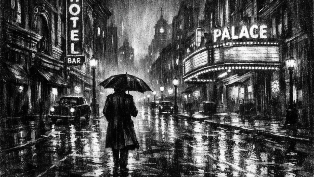 Atmosferska urbana ilustracija u charcoal film noir stilu