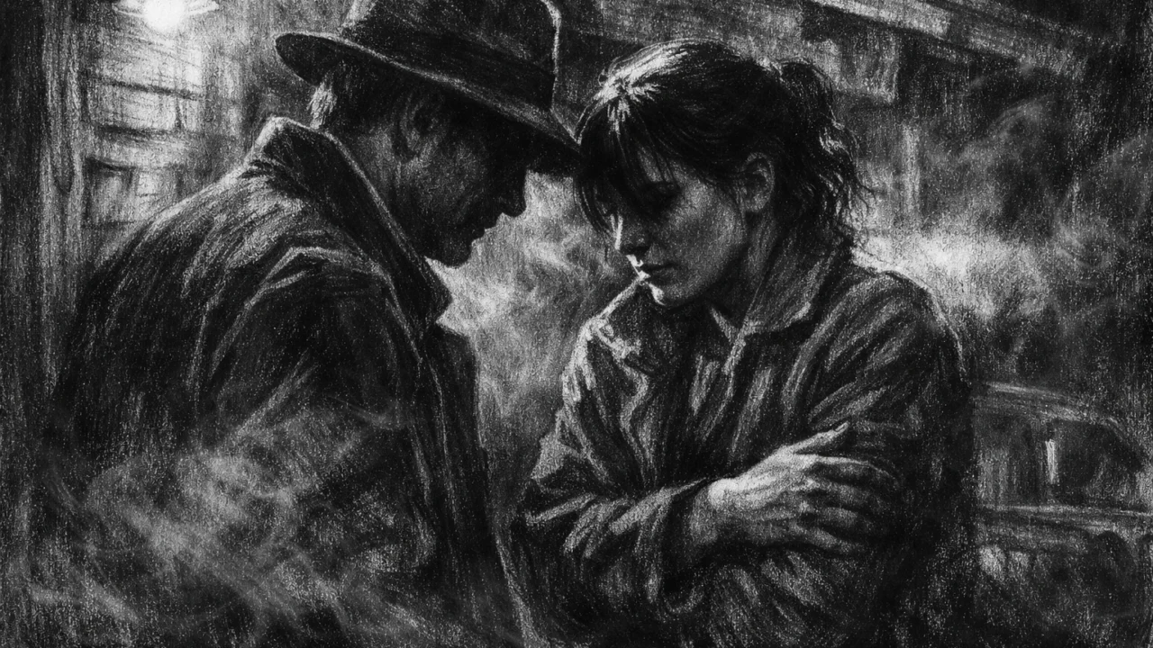 Dvoje ljudi u tihoj raspravi kraj stare zgrade, izražajne sjene i emocije, charcoal film noir stil s jakim kontrastom.