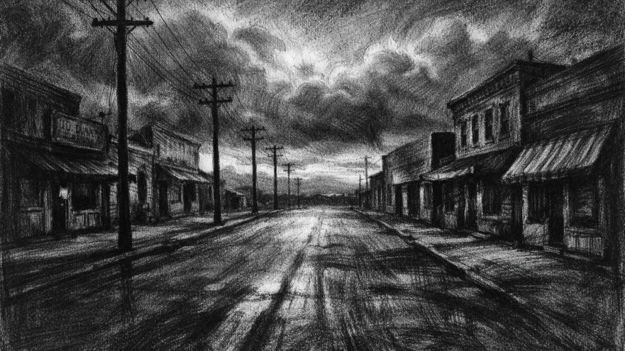 Prazna ulica malog grada u sumrak, duboke sjene i osjećaj samoće, charcoal film noir stil s dramatičnim osvjetljenjem.