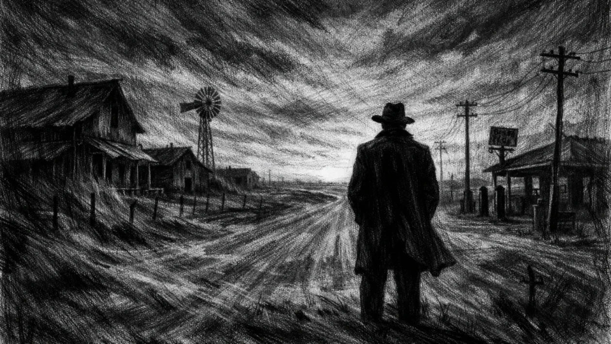Filmski poster s usamljenom siluetom u ruralnom krajoliku, snažne sjene i tiha napetost, charcoal film noir stil u crno-bijeloj estetici.