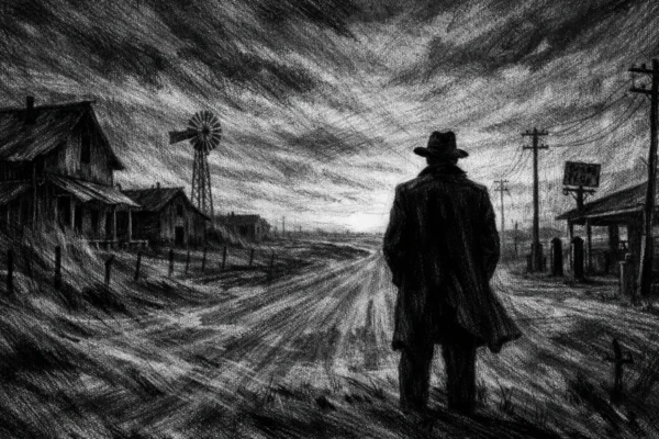 Filmski poster s usamljenom siluetom u ruralnom krajoliku, snažne sjene i tiha napetost, charcoal film noir stil u crno-bijeloj estetici.