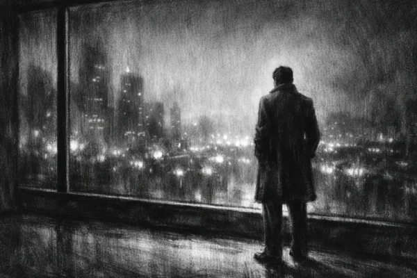 Hero scena u charcoal film noir stilu, crno-bijeli crtež s dubokim sjenama i melankoličnom atmosferom usamljenosti.