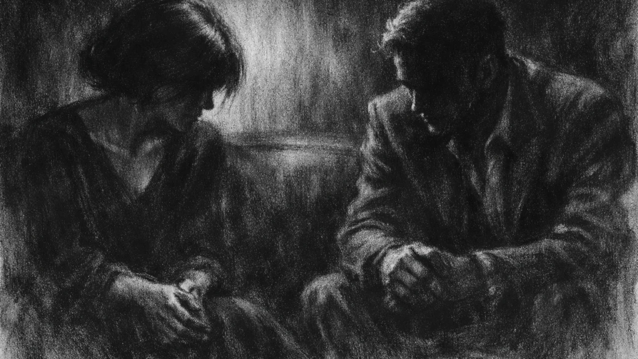 Intimni trenutak dvoje ljudi u razgovoru, prikazan u charcoal film noir stilu s naglašenim emocijama i sjenama.