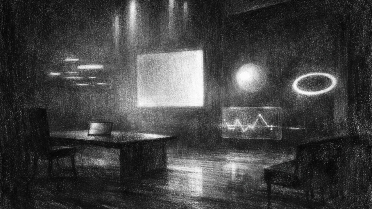 Simbolično okruženje praznog prostora i svjetla, izvedeno u charcoal film noir stilu s tihom, kontemplativnom atmosferom.