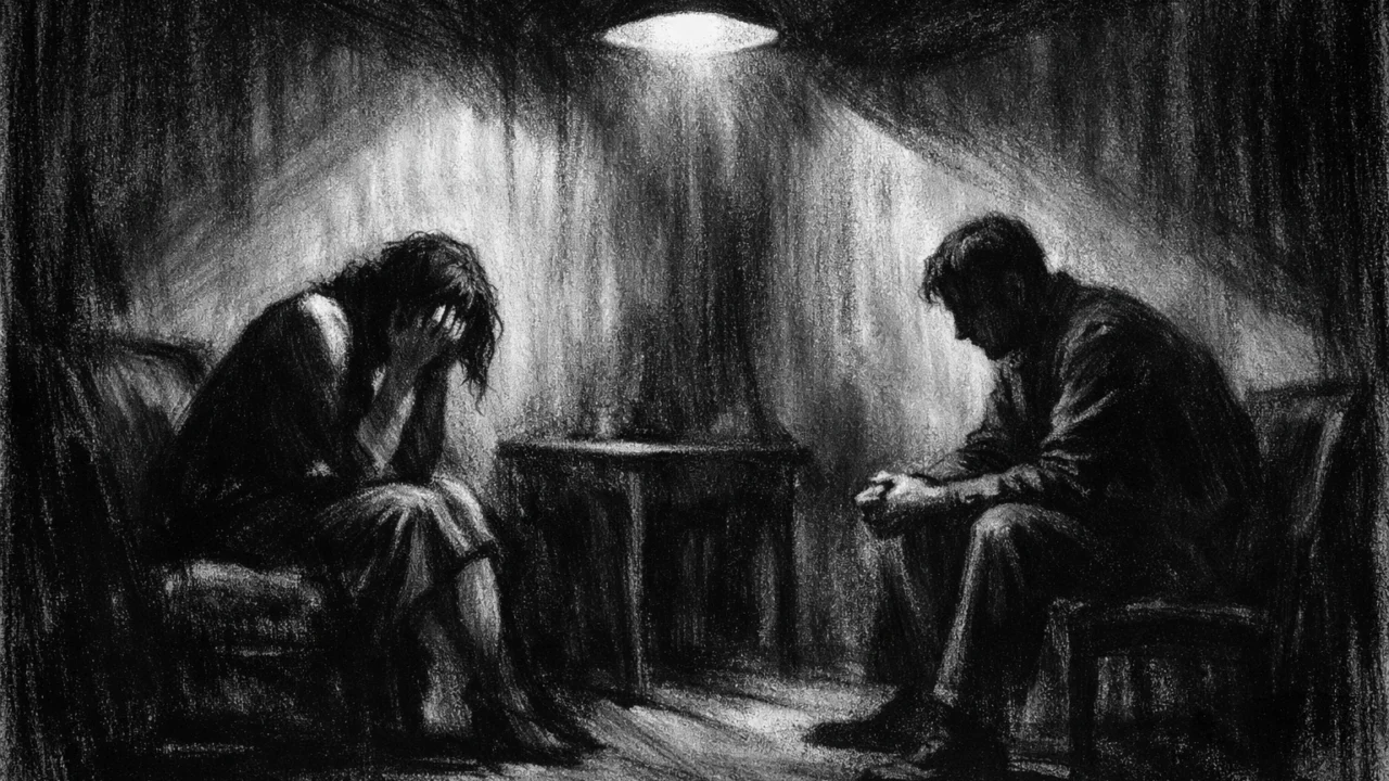Intimna scena dvoje ljudi u tišini i emocionalnoj udaljenosti, prikazana u charcoal film noir stilu.