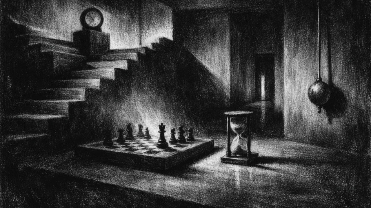 Simboličan interijer nalik maketi, ispunjen tišinom i nelagodom, izrađen u charcoal film noir stilu.