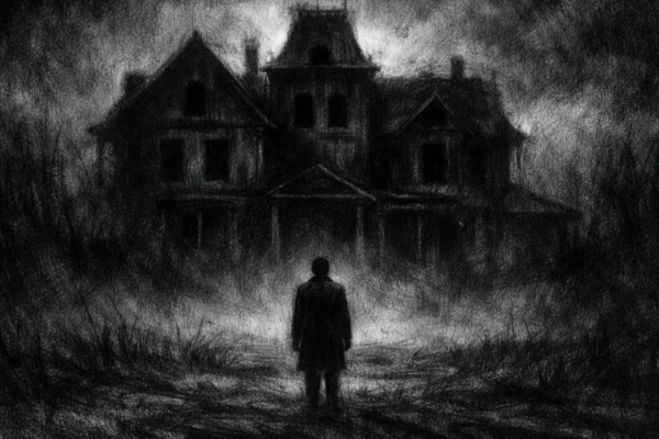 Kinematografski poster s kućom u sjeni i usamljenom figurom, mračna atmosfera i tjeskoba u charcoal film noir stilu.