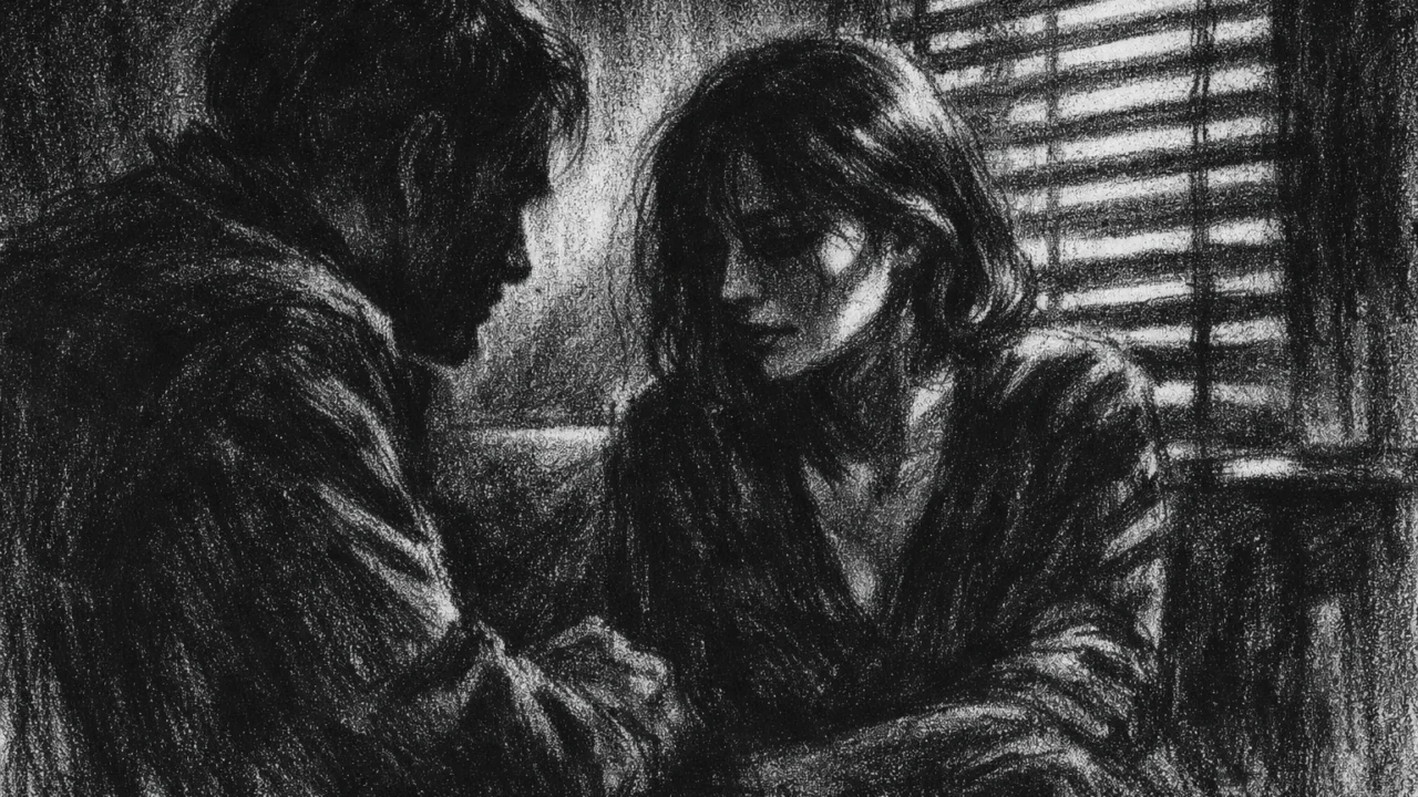 Dvoje ljudi u tihom razgovoru, emocionalna napetost i sumnja naglašeni sjenama, charcoal film noir stil