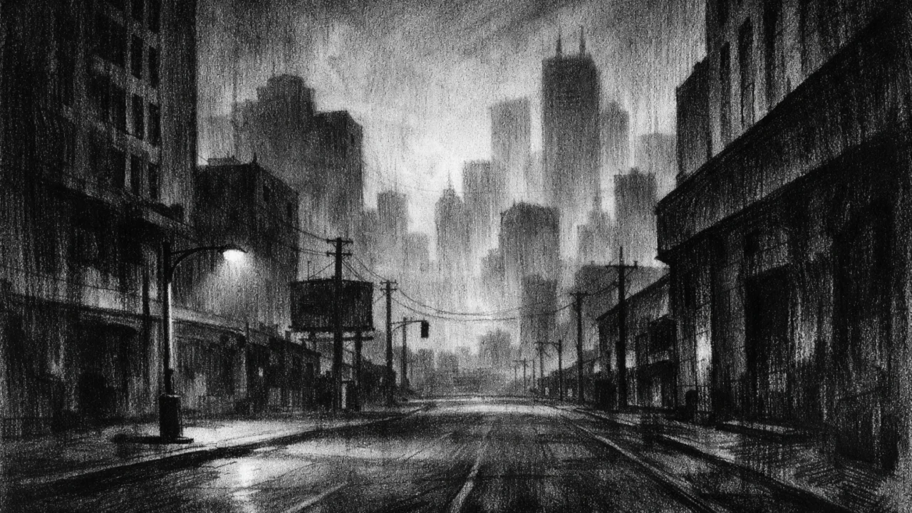 Sumorno urbano okruženje u zoru, simbolična arhitektura i osjećaj nelagode, charcoal film noir stil