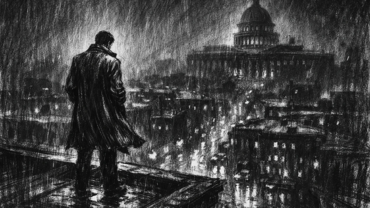 Cinematični poster s usamljenom figurom iznad grada, snažna atmosfera nepovjerenja i izolacije, charcoal film noir stil