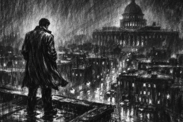 Cinematični poster s usamljenom figurom iznad grada, snažna atmosfera nepovjerenja i izolacije, charcoal film noir stil