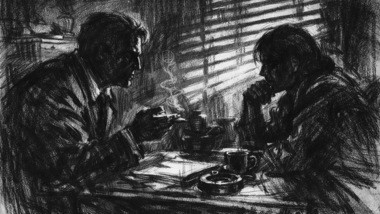 Dvoje ljudi u napetom razgovoru u mračnoj prostoriji, naglašene sjene i svjetlo kroz rolete, charcoal film noir stil s emocionalnom težinom.