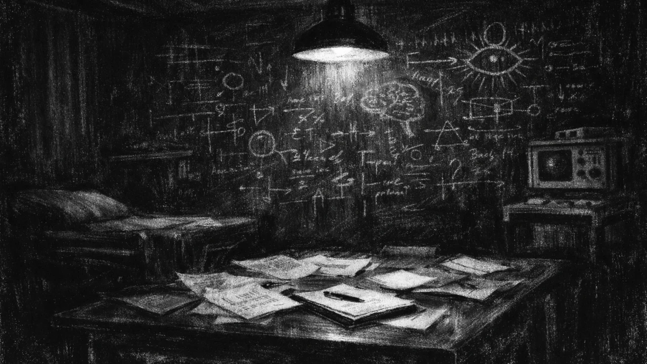 Prazna dijagnostička soba noću s apstraktnim simbolima i papirom, snažna atmosfera usamljenosti i razmišljanja, charcoal film noir stil.