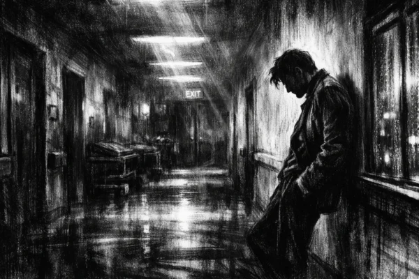 Usamljena figura u bolničkom hodniku, snažan kontrast svjetla i sjene, charcoal film noir stil, crno-bijela atmosfera puna introspekcije i cinizma.