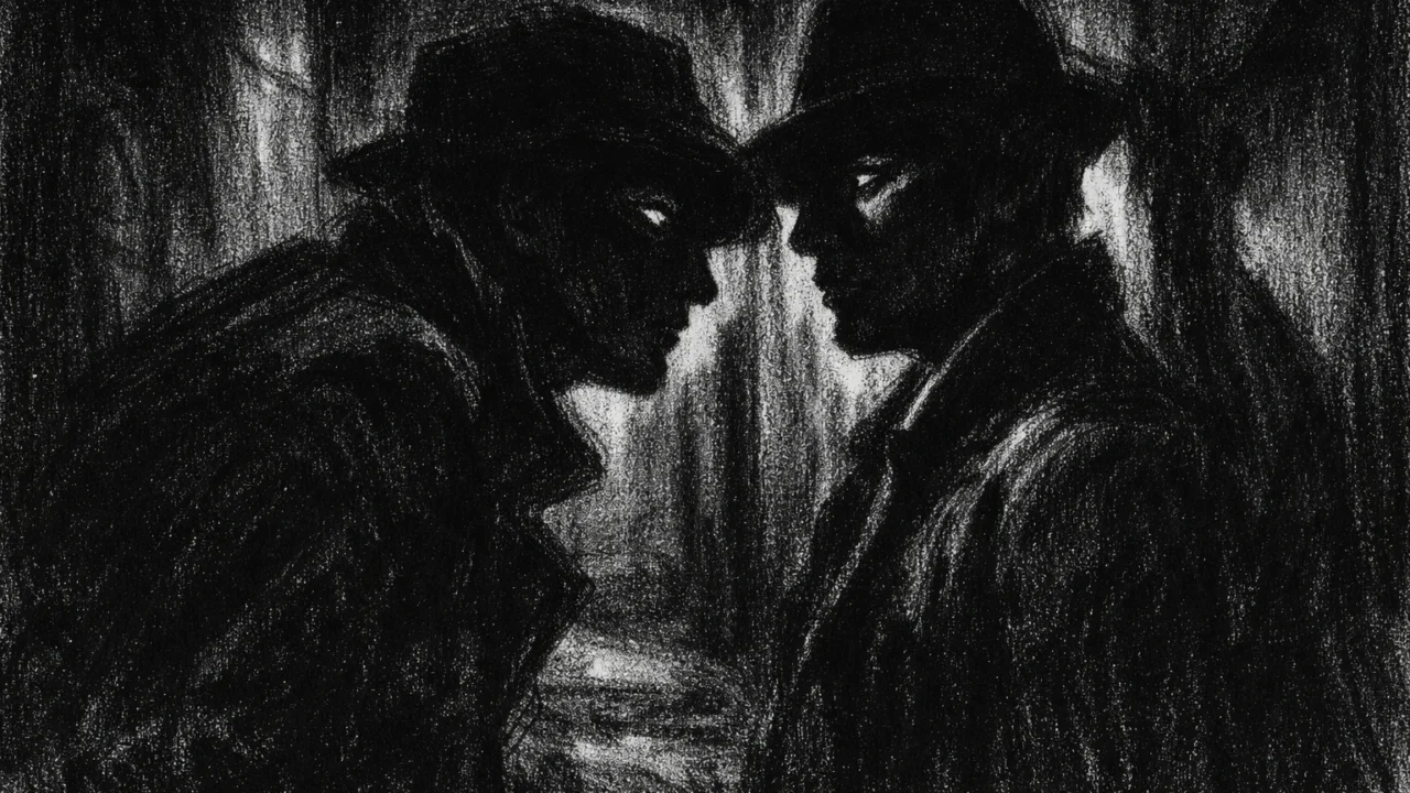 Dramatična scena razgovora u charcoal film noir stilu, crno-bijela, s dvije figure u polusjeni hodnika, naglašene napetosti, tajnovitosti i emocionalne manipulacije.