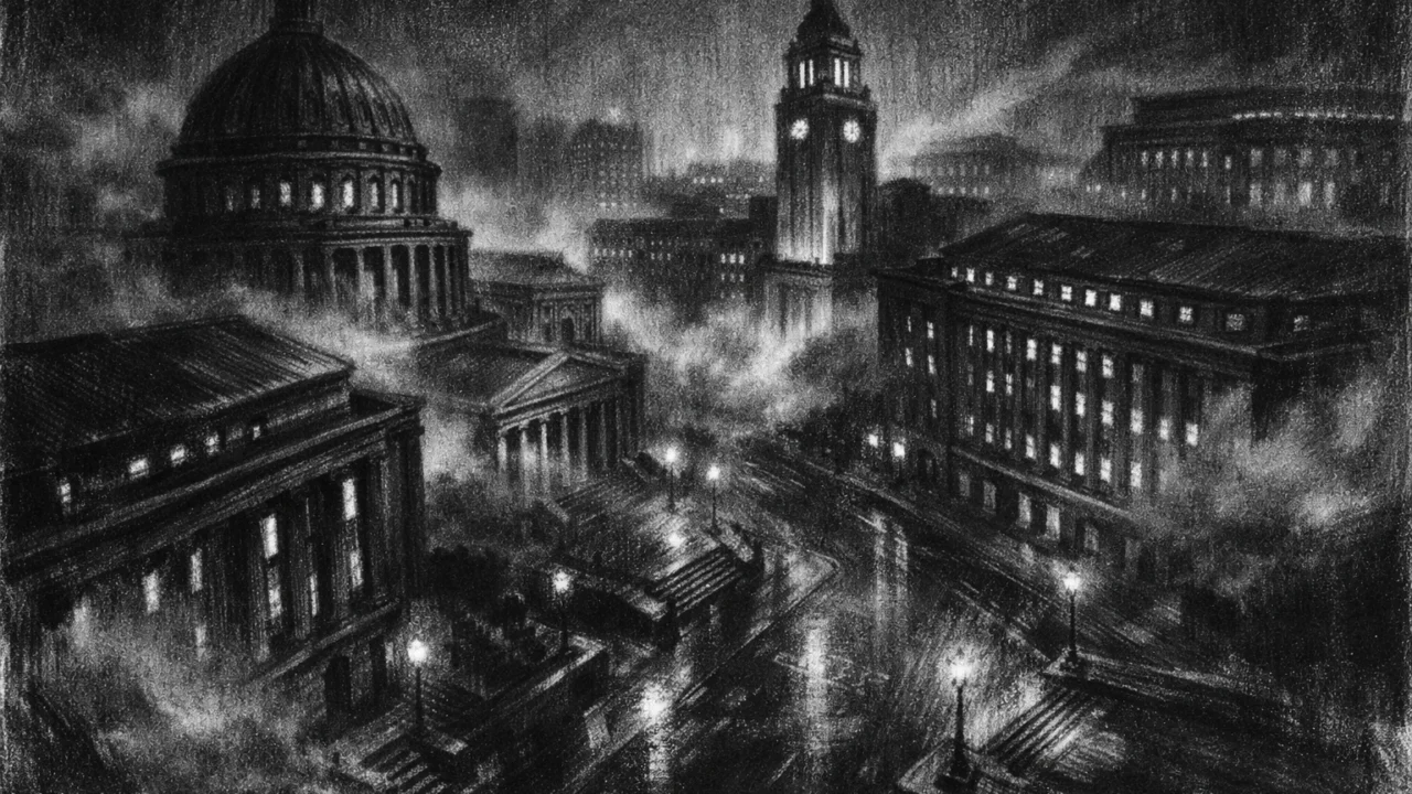 Atmosferski noćni grad u charcoal film noir stilu, crno-bijela panorama monumentalne arhitekture s maglom i dubokim sjenama, simbol hladne moći i izolacije.