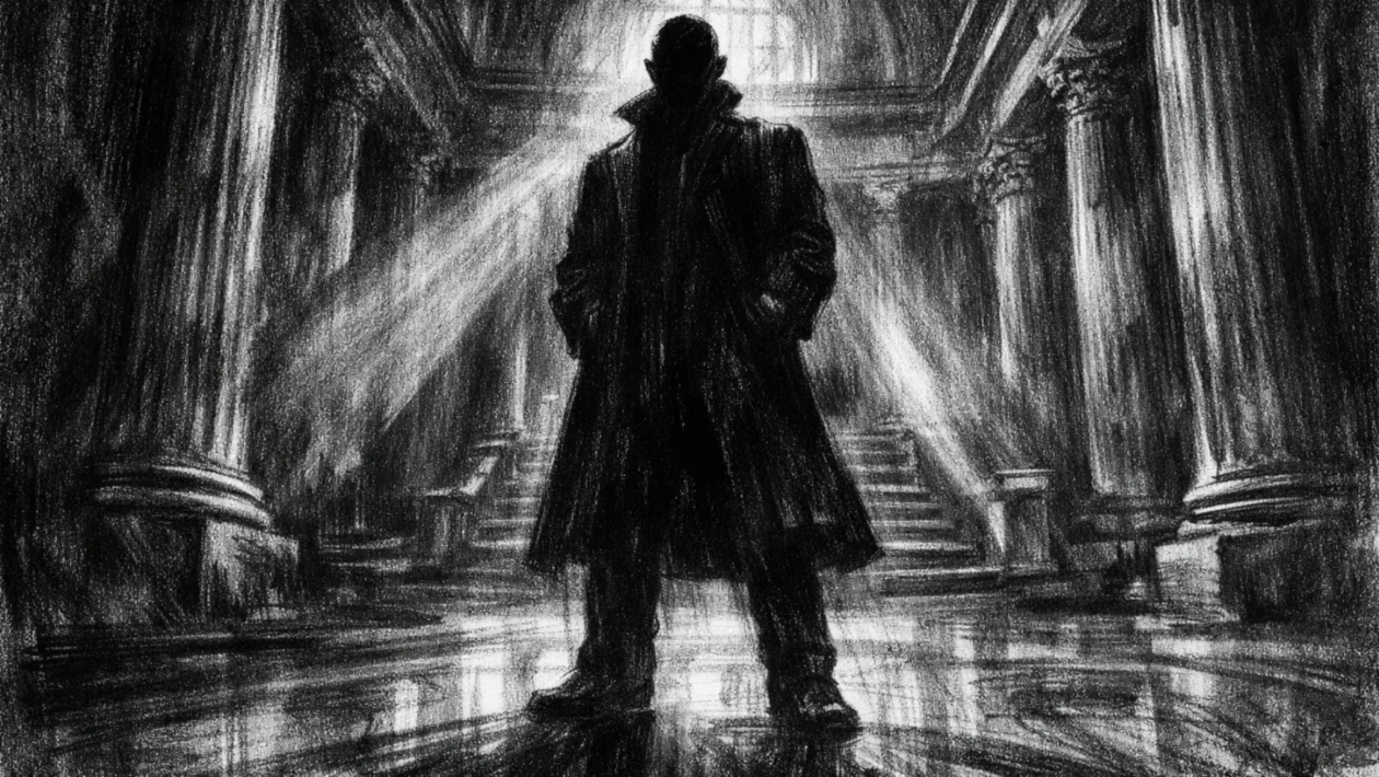 Hero scena u charcoal film noir stilu, crno-bijela ilustracija usamljene figure u monumentalnom interijeru, s dubokim sjenama i dramatičnim svjetlom koje naglašava atmosferu moći i ambicije.