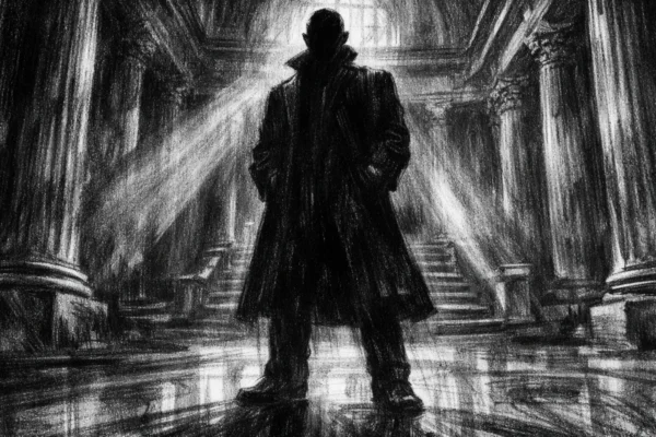 Hero scena u charcoal film noir stilu, crno-bijela ilustracija usamljene figure u monumentalnom interijeru, s dubokim sjenama i dramatičnim svjetlom koje naglašava atmosferu moći i ambicije.
