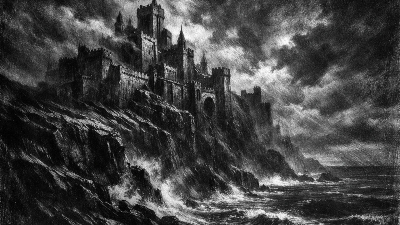 Mistična kamena utvrda nad morem, simbol moći i samoće u charcoal film noir stilu