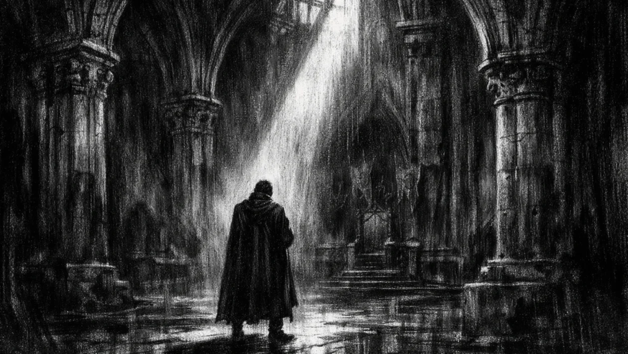 Monumentalna dvorana s usamljenom figurom u središtu, mračna atmosfera i snažni kontrasti u charcoal film noir stilu