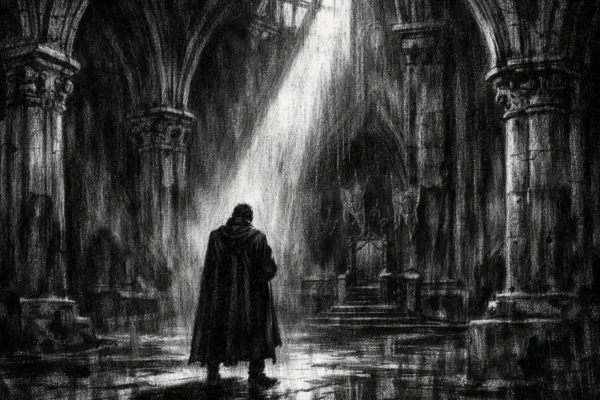 Monumentalna dvorana s usamljenom figurom u središtu, mračna atmosfera i snažni kontrasti u charcoal film noir stilu