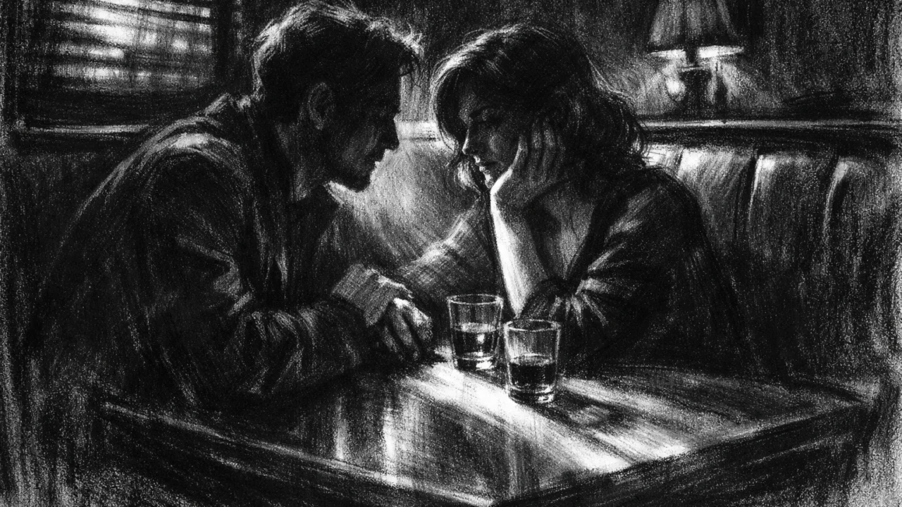 Intiman razgovor dvoje ljudi u charcoal film noir stilu, crno-bijelo s dubokim sjenama, melankolična i emotivna atmosfera.