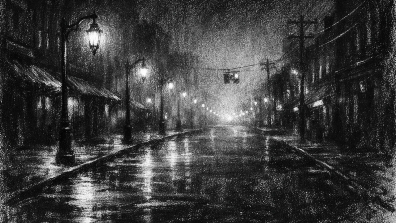 Noćna gradska ulica u charcoal film noir stilu, crno-bijela scena s jakim kontrastima i osjećajem nostalgije i iščekivanja.