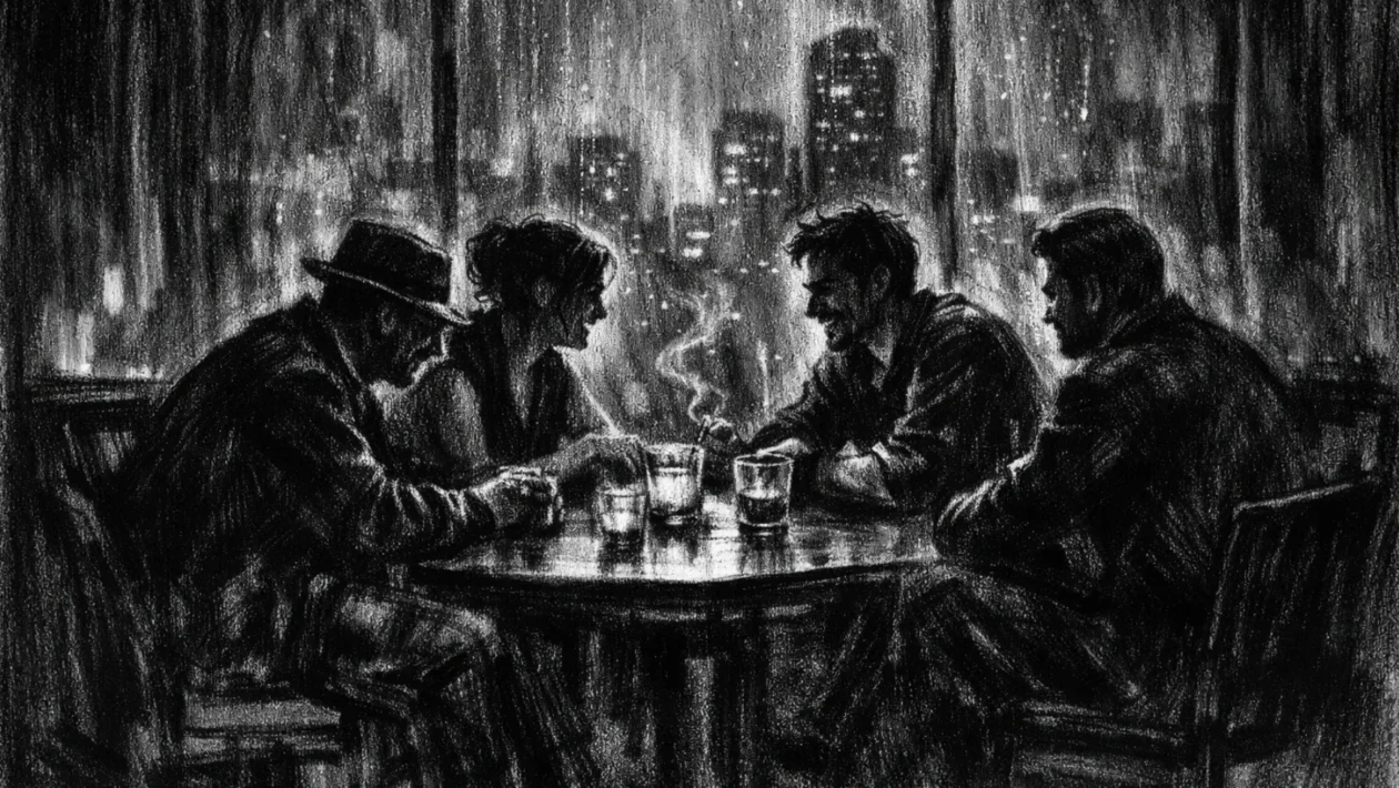 Filmski plakat u charcoal film noir stilu, crno-bijeli prizor skupine ljudi u sjenama u mračnom gradskom interijeru, snažni kontrasti i nostalgična atmosfera.