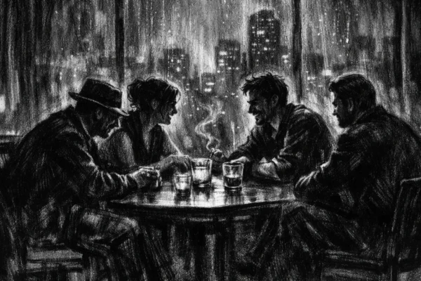 Filmski plakat u charcoal film noir stilu, crno-bijeli prizor skupine ljudi u sjenama u mračnom gradskom interijeru, snažni kontrasti i nostalgična atmosfera.