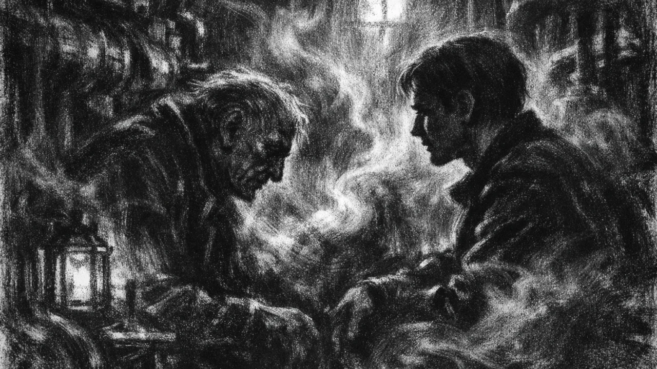 Intimna unutarnja scena dvoje ljudi u razgovoru, prikazana u charcoal film noir stil, s jakim kontrastom, sjenama i emotivnom, tihom atmosferom.