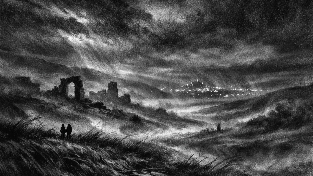 Noćni pejzaž s brežuljcima i maglom, simboličan i sanjiv, izrađen u charcoal film noir stil, crno-bijelo, s dramatičnim osvjetljenjem i tmurnim ugođajem.