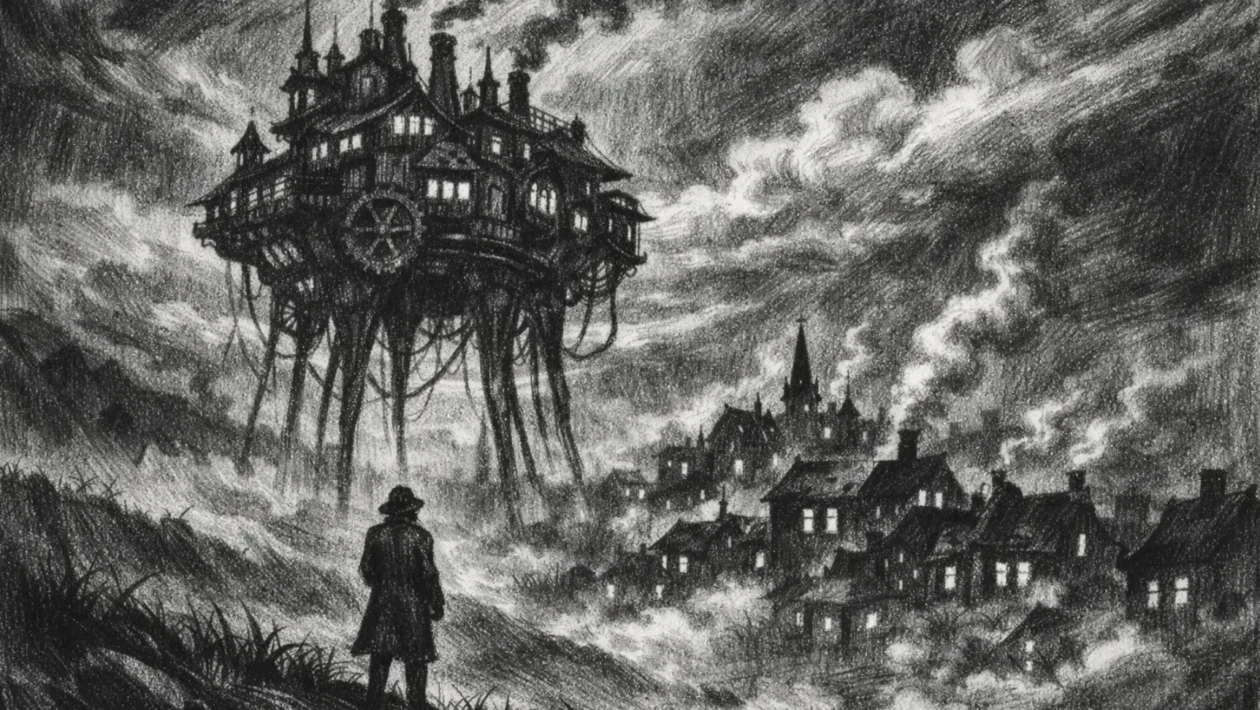 Cinematični prizor s lutajućom arhitekturom i osamljenom figurom, nacrtan u charcoal film noir stil, crno-bijelo, s dubokim sjenama i melankoličnom atmosferom.