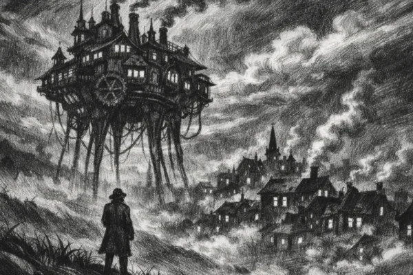 Cinematični prizor s lutajućom arhitekturom i osamljenom figurom, nacrtan u charcoal film noir stil, crno-bijelo, s dubokim sjenama i melankoličnom atmosferom.