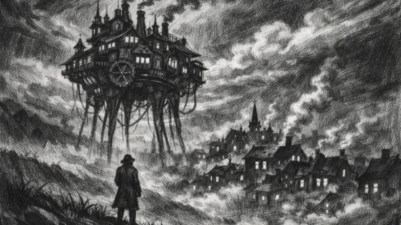 Cinematični prizor s lutajućom arhitekturom i osamljenom figurom, nacrtan u charcoal film noir stil, crno-bijelo, s dubokim sjenama i melankoličnom atmosferom.