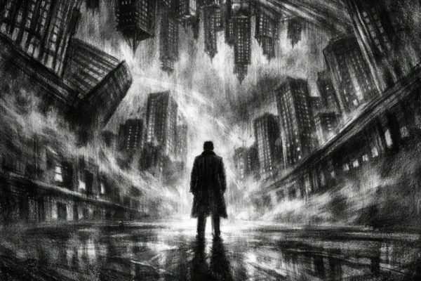 Cinematični poster s usamljenom figurom u gradu koji se savija, izrađen u charcoal film noir stilu, crno-bijelo, snažni kontrasti i mračna atmosfera.